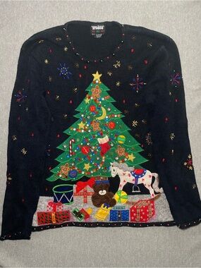 Christmas Sweater Black Bejeweled Designers Originals Studio Medium Holiday VTG